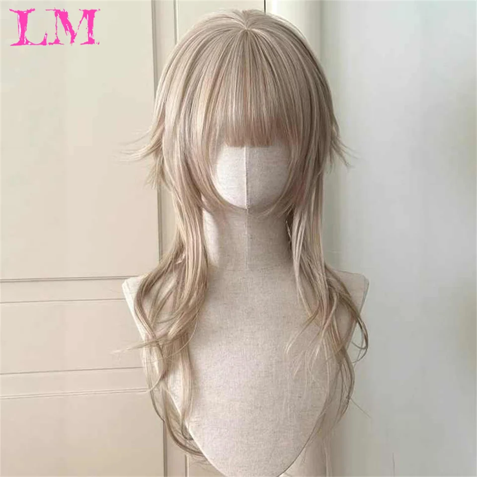 LM Wig Sintetis Keriting Panjang Poni Lurus Wanita Wig Keriting Panjang Anak Perempuan JK Ekor Kuda Ganda Lolita Halus Berbulu