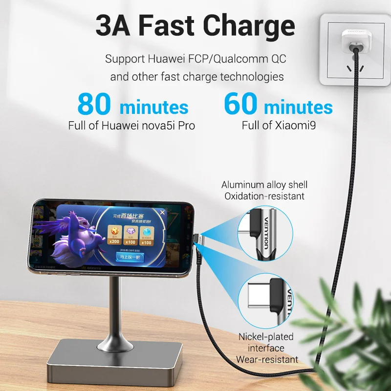 Vention USB Type C Кабель 3A 90-градусный зарядный кабель для быстрой зарядки игры для Samsung S10 Xiaomi mi9 10 pro Телефон USB C Кабели Шнур