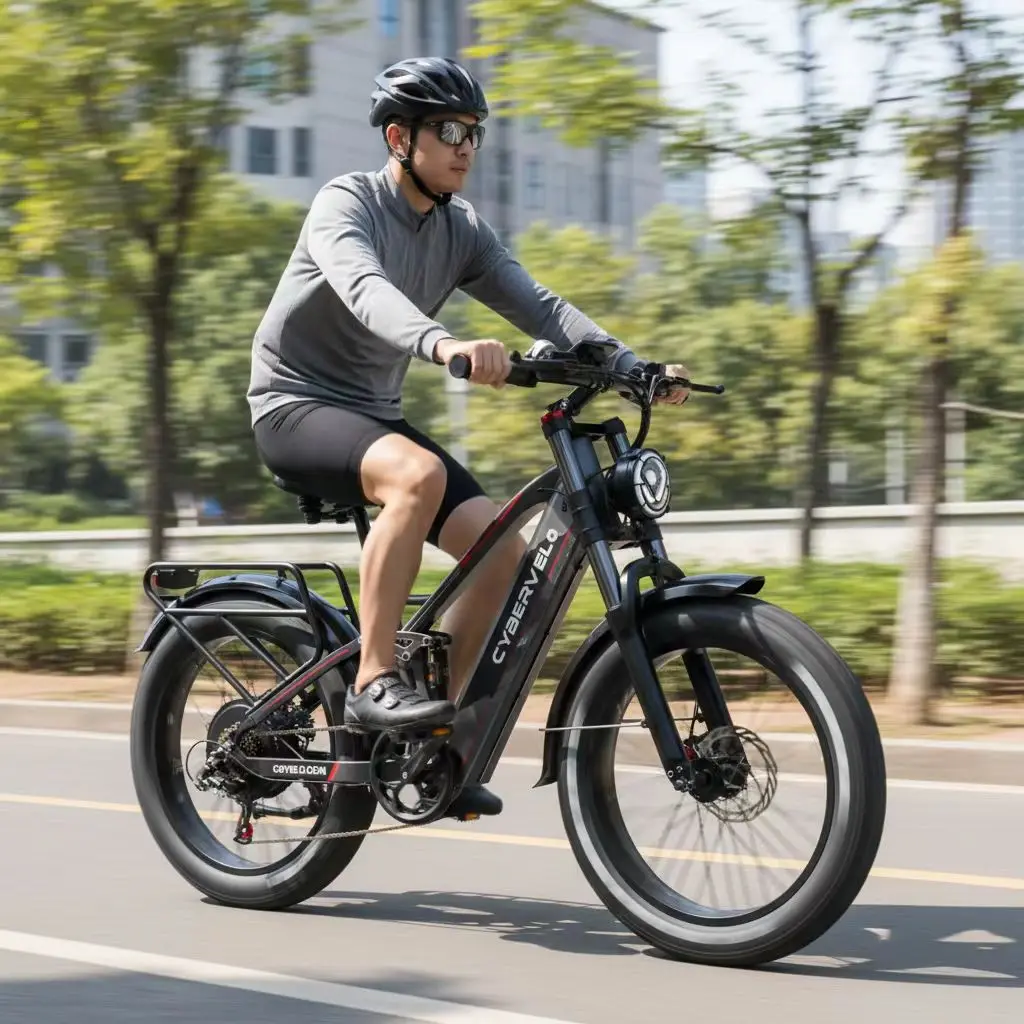 

Cybervelo 26“ x 4.0“ Fat Tire All Terrain Electric Bike, 5000w Peak Motor, 52V 40Ah Built-in Battery 7-Speed Adult E-Bicycle EK9