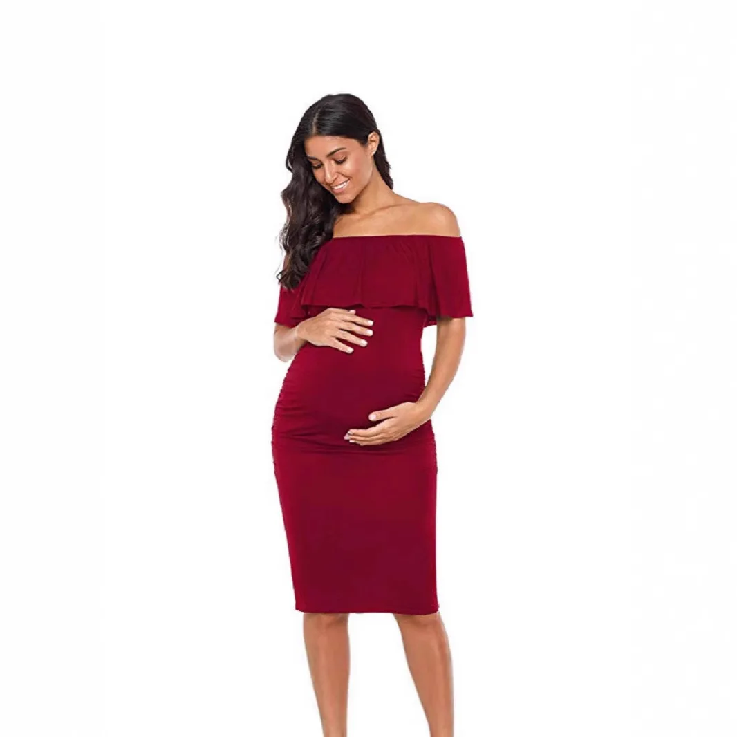 

2025 Summer European Fashion Maternity Bodycon Dress - Off Shoulder Bardot Neck Ruffled Knee-Length Pregnancy Dress