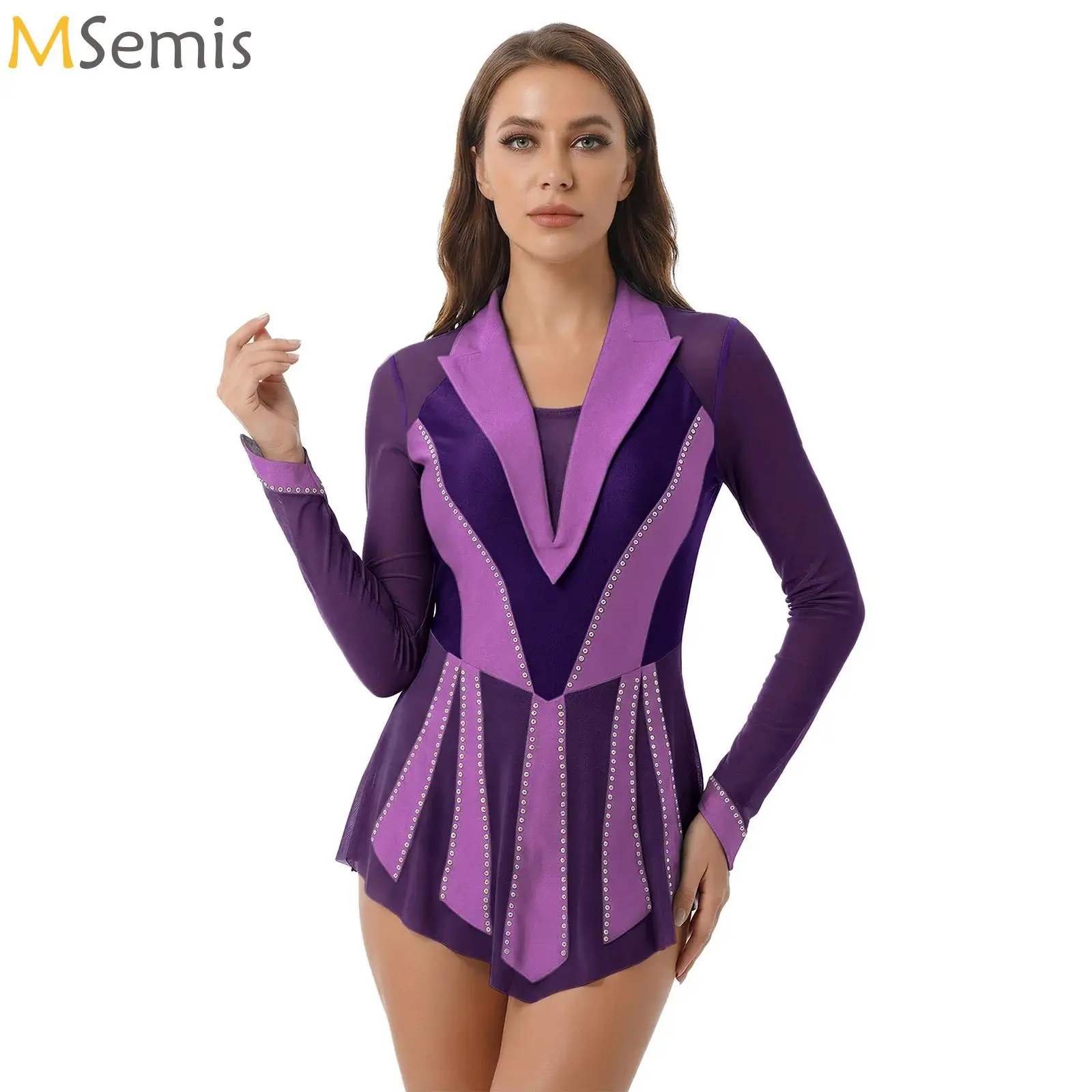 

Women Figure Skating Dresses Bodysuit Glittery Rhinestone Lyrical Dresses Sheer Mesh Built In Briefs Ruffled Dance Costumes