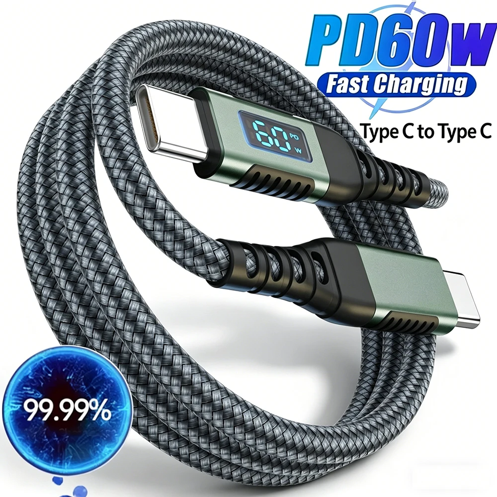 Hochwertiges Typ-C-auf-Typ-C-Kabel PD 60W Schnellladekabel mit LED-Anzeige für Xiaomi Samsung Laptop USB-C-Kabel 1M 2M 3M