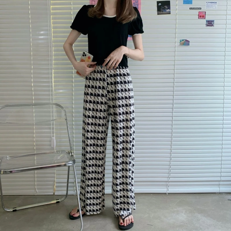 Spring Summer New Fashion Elastic Waist Contrast Color Wide Leg Trousers Women High Street Loose Striped Pleated All-match Pants