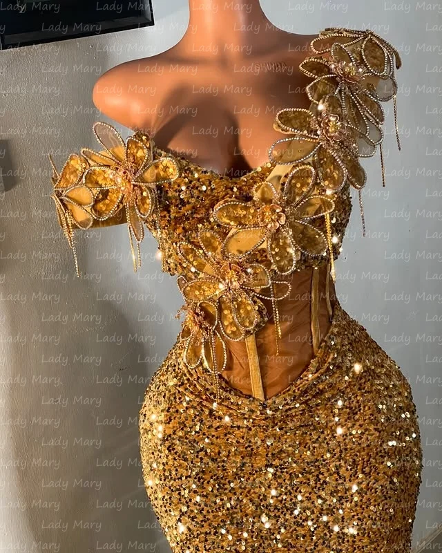 Abiti da ballo dorati personalizzati Paillettes Sirena con spalle scoperte Abiti da festa di compleanno formali Aso Ebi Abito africano 2025