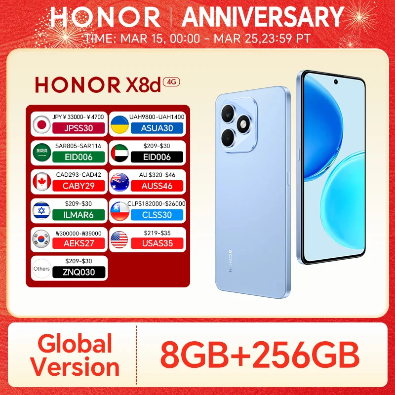 New HONOR X8d 8GB+256GB Global Version 4G Smartphone 108MP Main Camera 6800mAh 45W SuperCharge Dual SIM Android 16