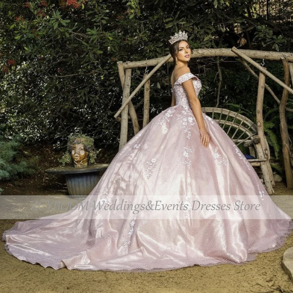 Lindo rosa flores apliques fora do ombro vestido de noite 2025 vestido de baile até o chão trem varredura rendas até vestido de formatura