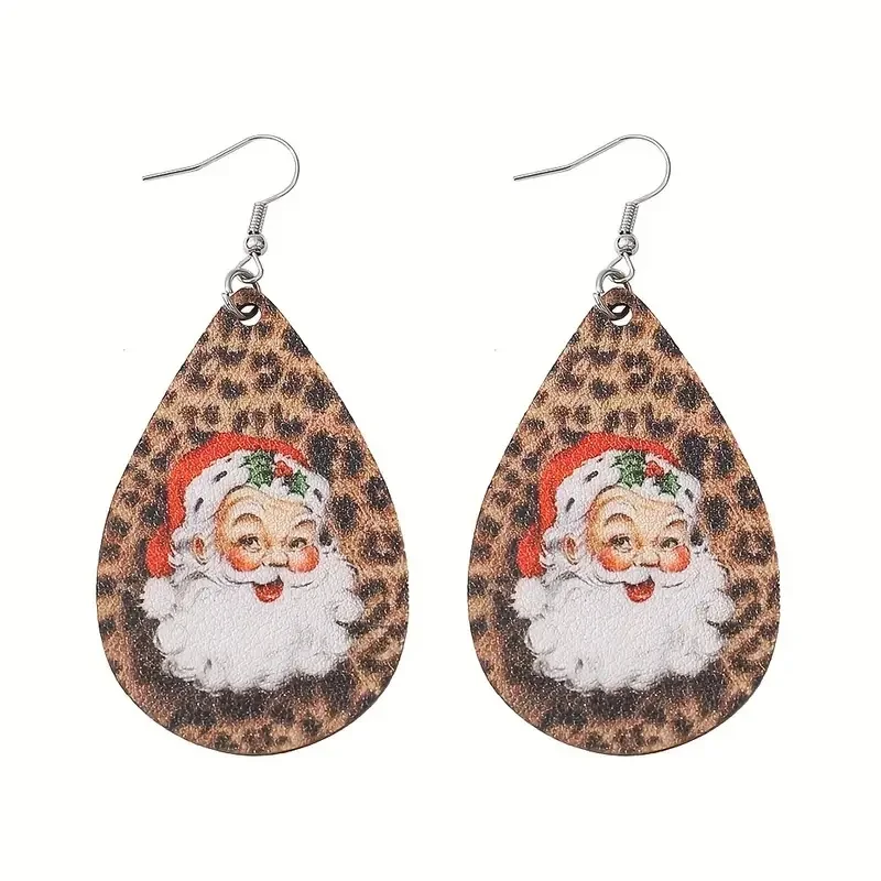 CAOSHI عيد الميلاد لطيف ليوبارد طباعة سانتا كلوز المياه استرخى قلادة أقراط على الوجهين بولي PU أقراط اكسسوارات للنساء #1