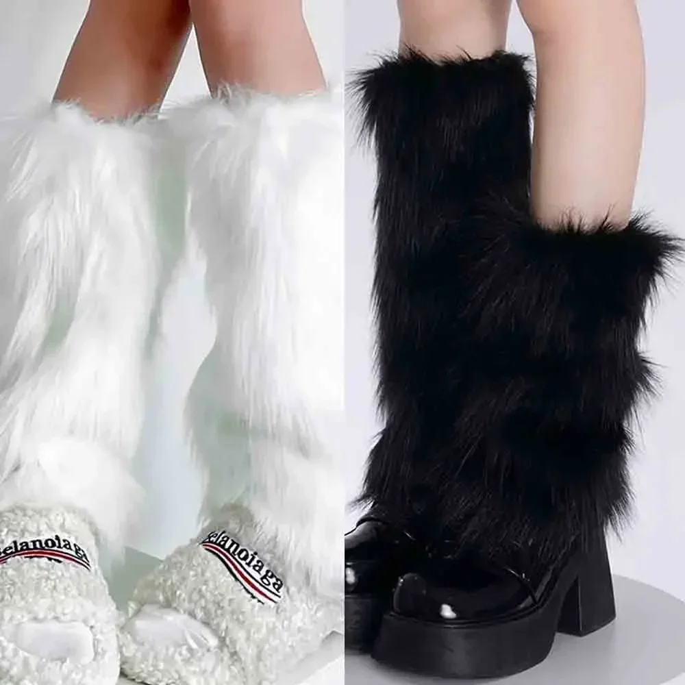 Japanese Black White Faux Fur Leg Warmers Boot Covers Goth Solid Leg Socks Punk Jk Knee-length Hiphop Hotgirl Fashion Warm Sock