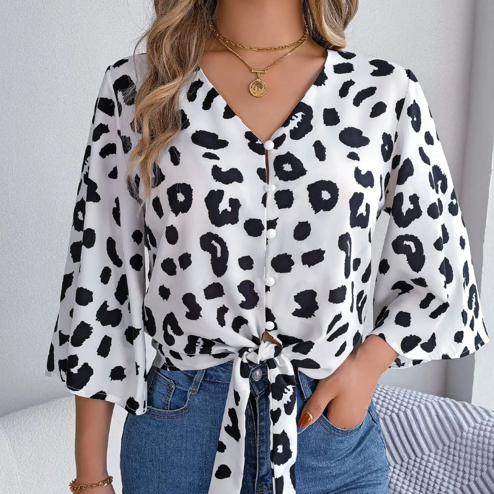 

Fashion Casual Leopard Print Chiffon Shirt Top for Women Spring Summer New Style Lace-up Button T-shirt Streetwear Women's Top