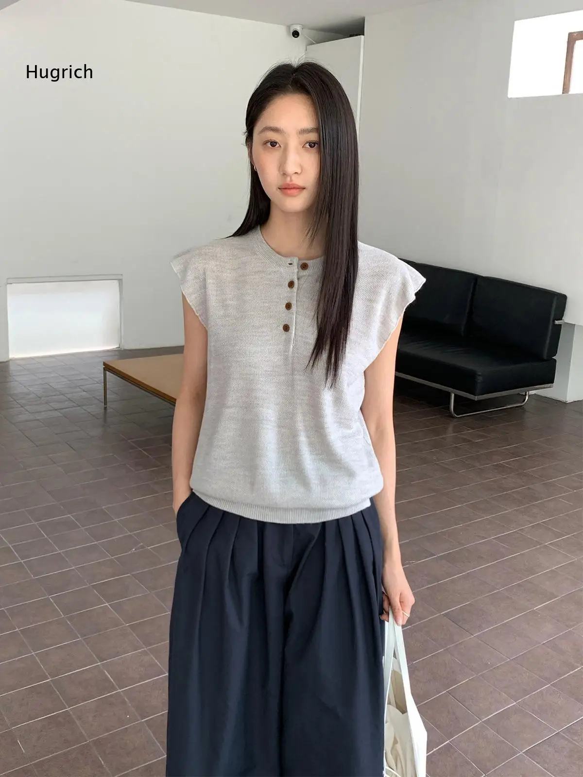 Ruffle Cap Sleeve Knitted Vest For Women Half Button Front Sleeveless Knit Top For Dating Office And Street Daily Outfits