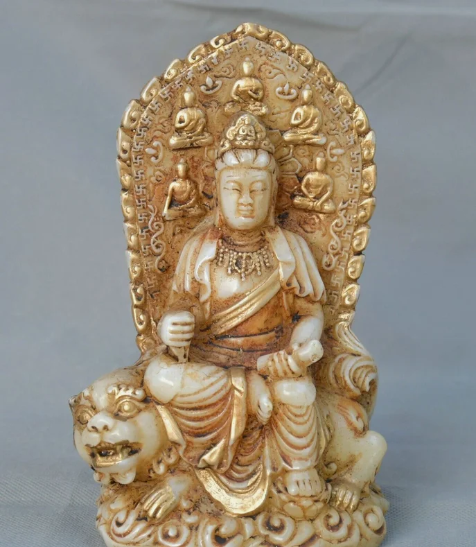 7.4'' Old White Jade Gilt Puxian Lion Kwan-yin GuanYin Quanyin Buddha Statue