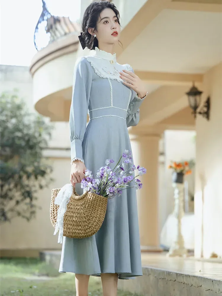 Vintage Cottagecore Woman Dress Retro French Style Embroidery Floral Lantern Sleeve Elegant Lady Midi Dresses Vestido Festa