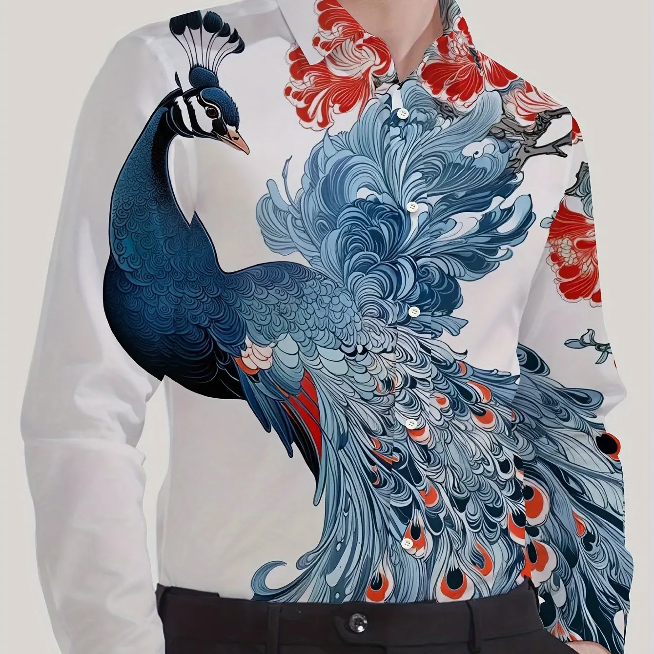 

2024 Fashion Trend Street Fashion Shirt Retro 3D Printed Peacock Pattern Printed Long Sleeve Lapel Shirt Casual Menswear