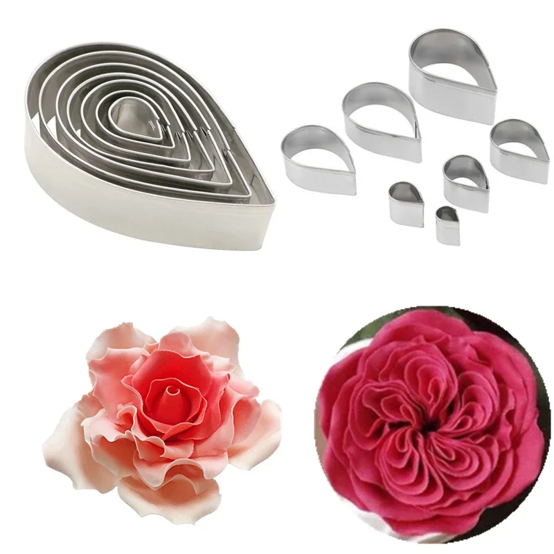 7Pcs/Set Stainless Steel Fondant Cake Mold Creative Water Drop Rose Flower Leaves Pastry Mould Chocolate Candy Decorating Tools