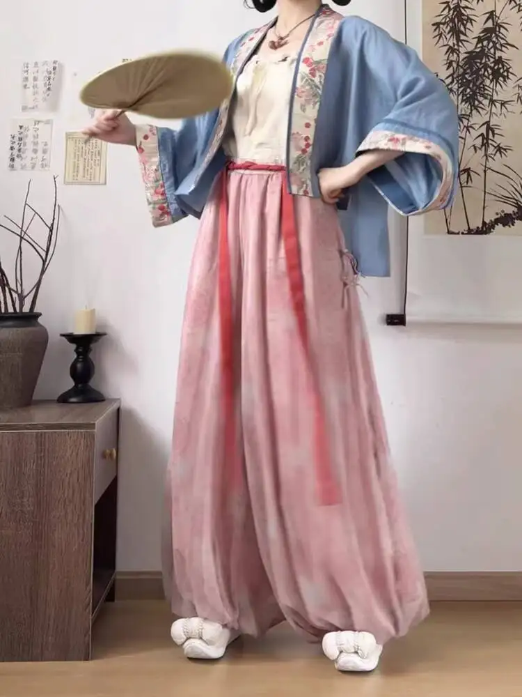

Женская короткая рубашка Hanfu с улучшенным элементом Han с бретелями и брюками-фонариками для повседневного костюма, косплея, китайского Хэллоуина