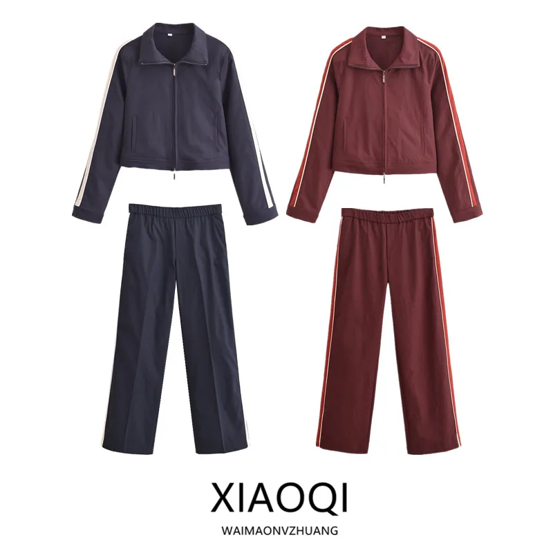 

New 2024 Autumn Winter Women's Jaet Coat Long Sve Side Stripe Decorated Long Pants Casual Sportswear Set 43483