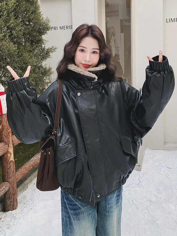 Cappotto Invernale da Donna in Pelle con Collo in Pelliccia d'Agnello, Imbottito in Piuma d'Oca, Bianco, Caldo, Casual, Vestibilità Ampia, Alla Moda