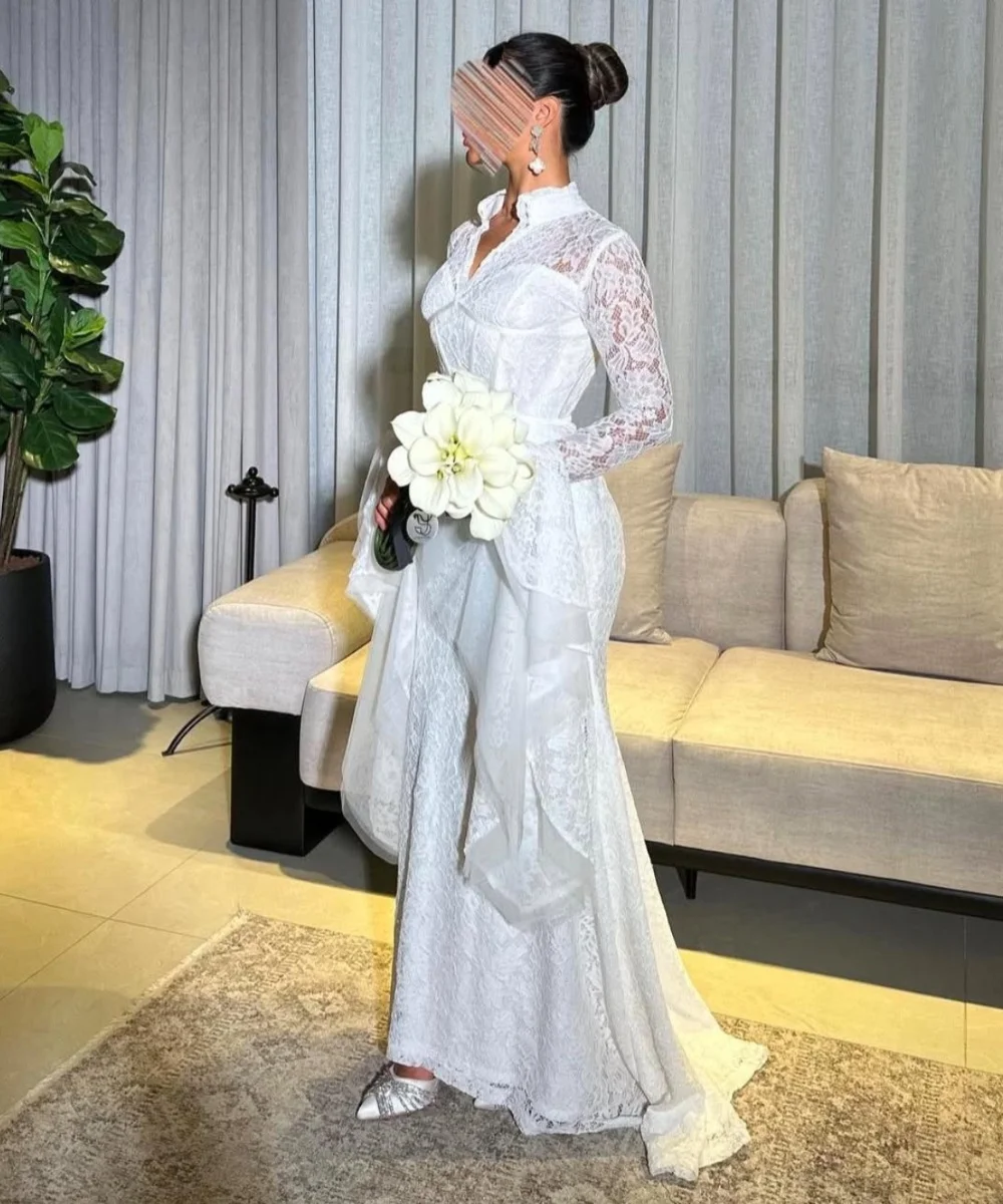 

Customized Fashion Lace Pleat Ruffle Mermaid V-neck Long Dresses Bespoke Occasion Classic Sizes Available