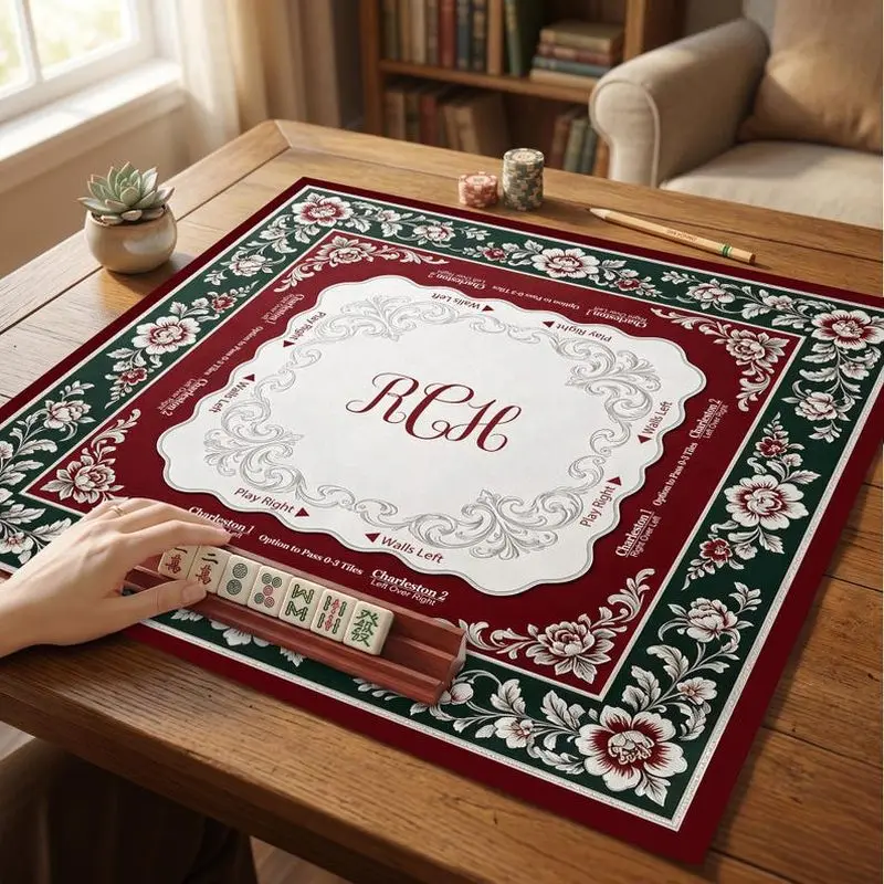 VIKAMA Vintage Floral Custom Initial Mahjong Mat Non Slip Washable Soft Square Pad Noise Dampening For US Mahjong Fans