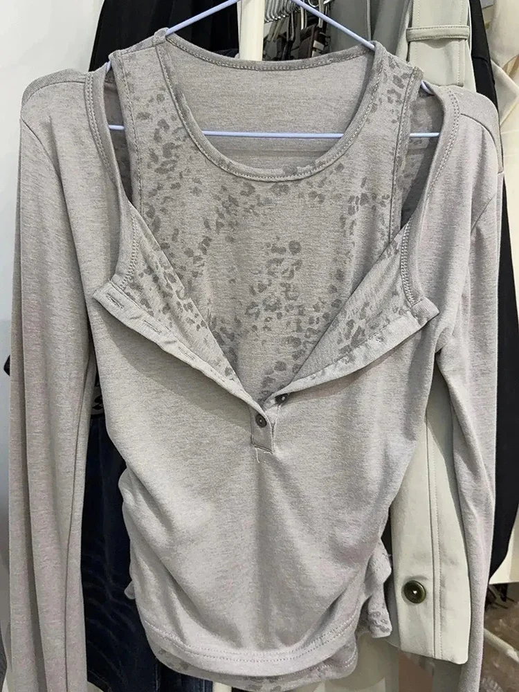 Harajuku Grau Leopard Gefälschte Zwei Stück T-shirt Frauen Herbst Off Schulter Slim Fit Basis Crop Top Vintage Grunge Streetwear