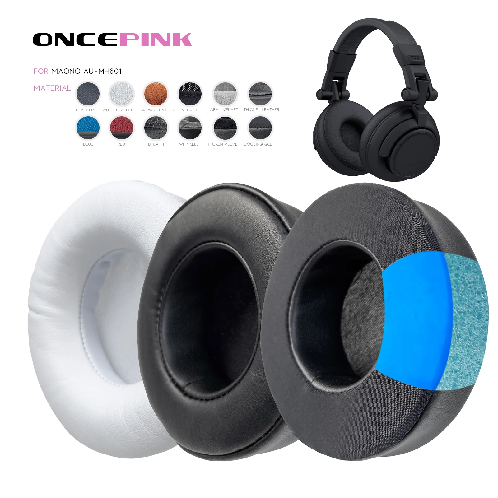 Oncepink Replacement Ear Pads for Maono Au-Mh601 Headphone Thicken Cushion Earmuffs Ear Cover