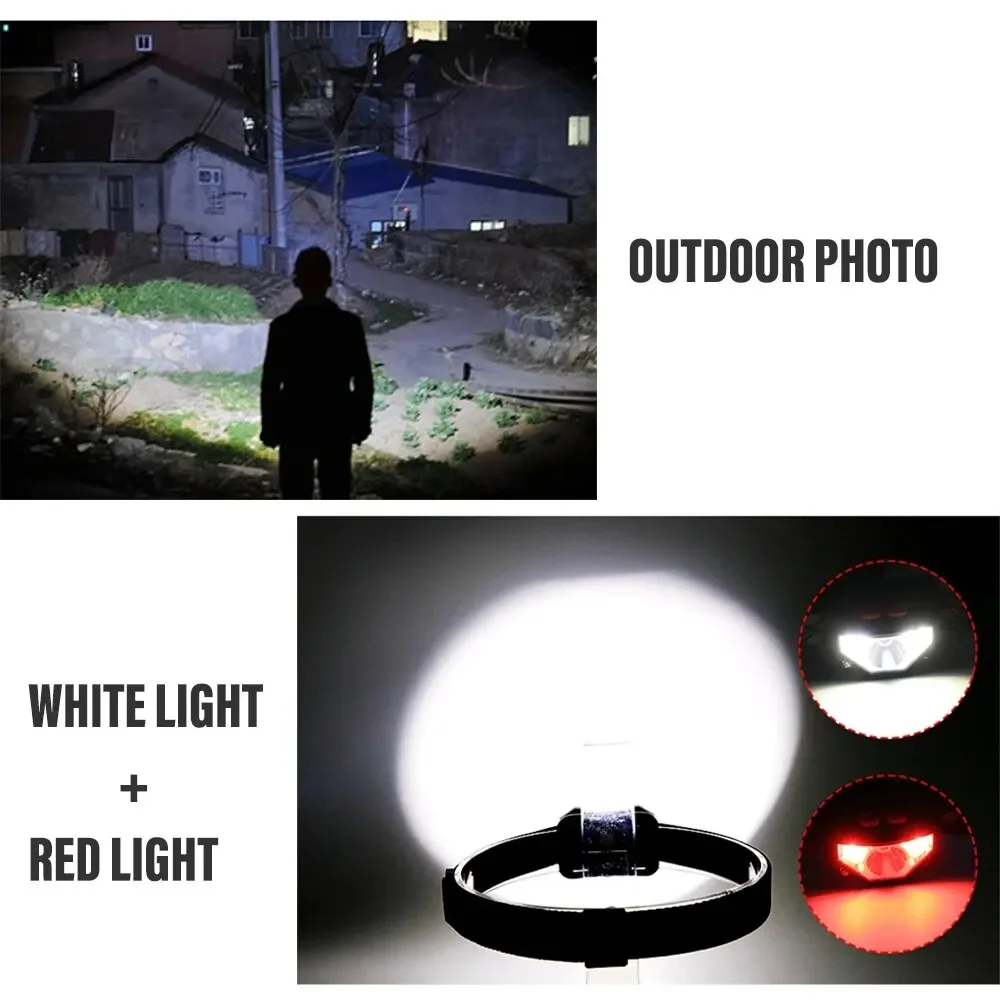 Linterna frontal COB+LED de 8 modos, faro con sensor de movimiento recargable por USB, linterna frontal para pesca y camping con luz blanca y roja para exteriores