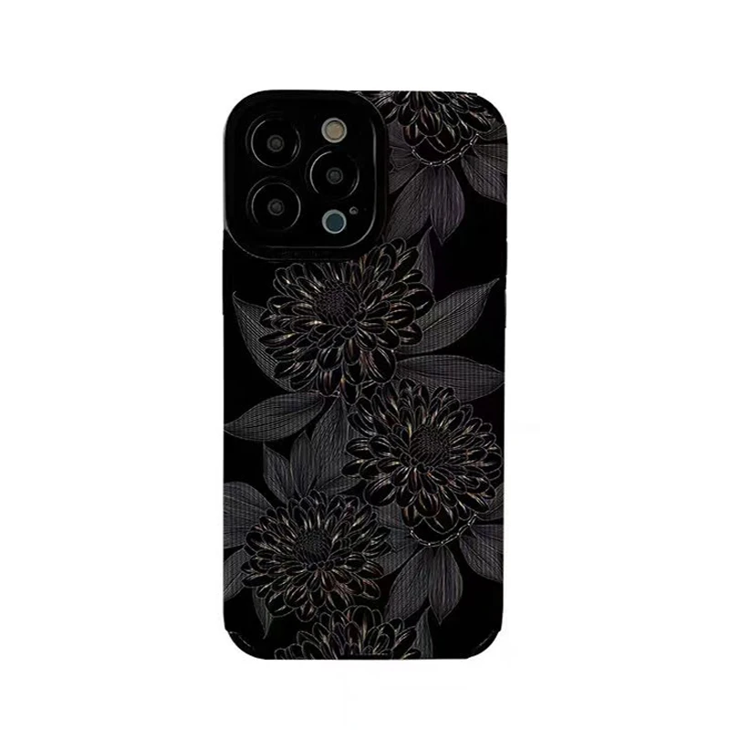Luxury Dark Flower Silicone Leather Case For iPhone 13 14 Plus 12 11 16 15 Pro Max Mini X XS XR 7 8 SE Shockproof Full Cover