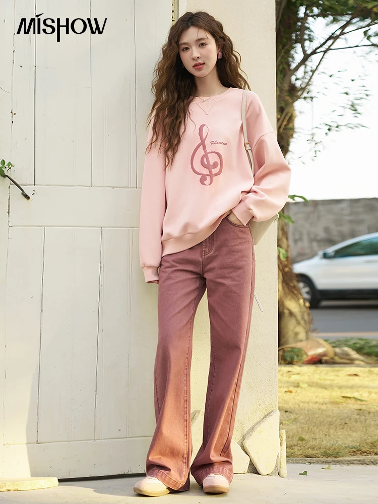 MISHOW Crewneck Pink Graphic Sweatshirt for Women 2024  Korean Casual Loose Sweatshirts Spring Autumn Pullover Tops MXD11V0075