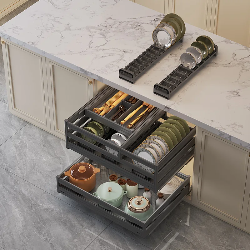

Kitchen cabinet pull basket three-layer drawer bowl basket space aluminum middle draw storage cupboard built-in seasoning basket