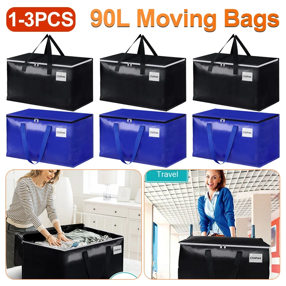 Bolsas móviles de 90L con cremalleras y asas, 1-3 piezas, bolsa de embalaje de almacenamiento resistente, plegable para embalaje, almacenamiento en movimiento