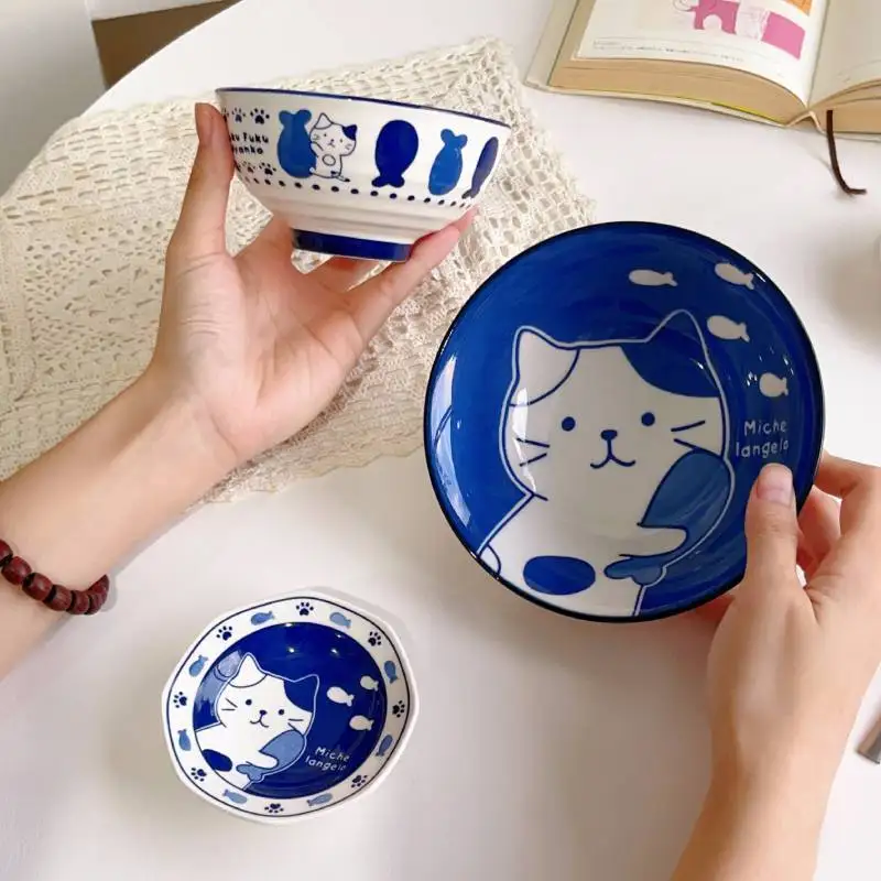 

Japanese Cartoon Cat Ceramic Tableware Set,Household Cute Cat Rice Bowl Taste Flat Plate Noodle High Value Tableware Family Pack
