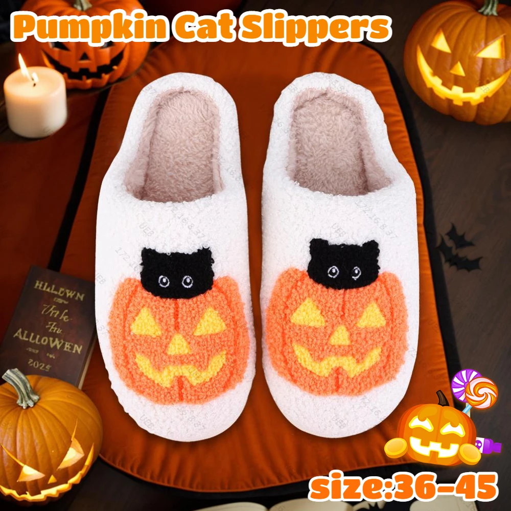 Halloween Pumpkin Cat Shoes Women Slippers Halloween Pumpkin Platform Plush Slides Couple Anti Slip Cotton Fluffy House Shoes