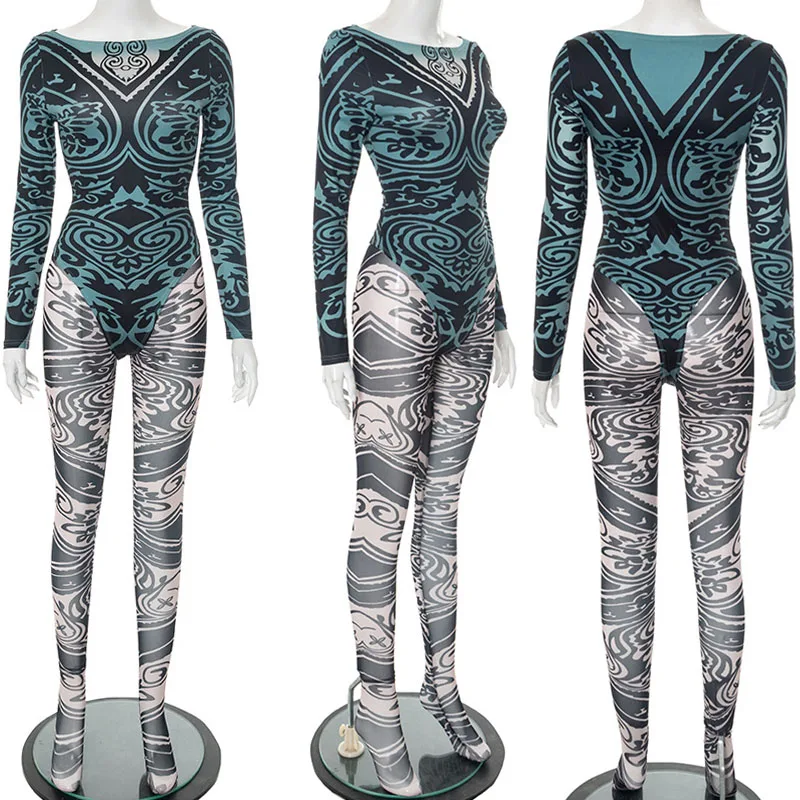 Ensemble 2 pièces imprimé géométrique pour femmes, tenues de fête en Club d'anniversaire, maille transparente, body à manches longues et ensemble Leggings
