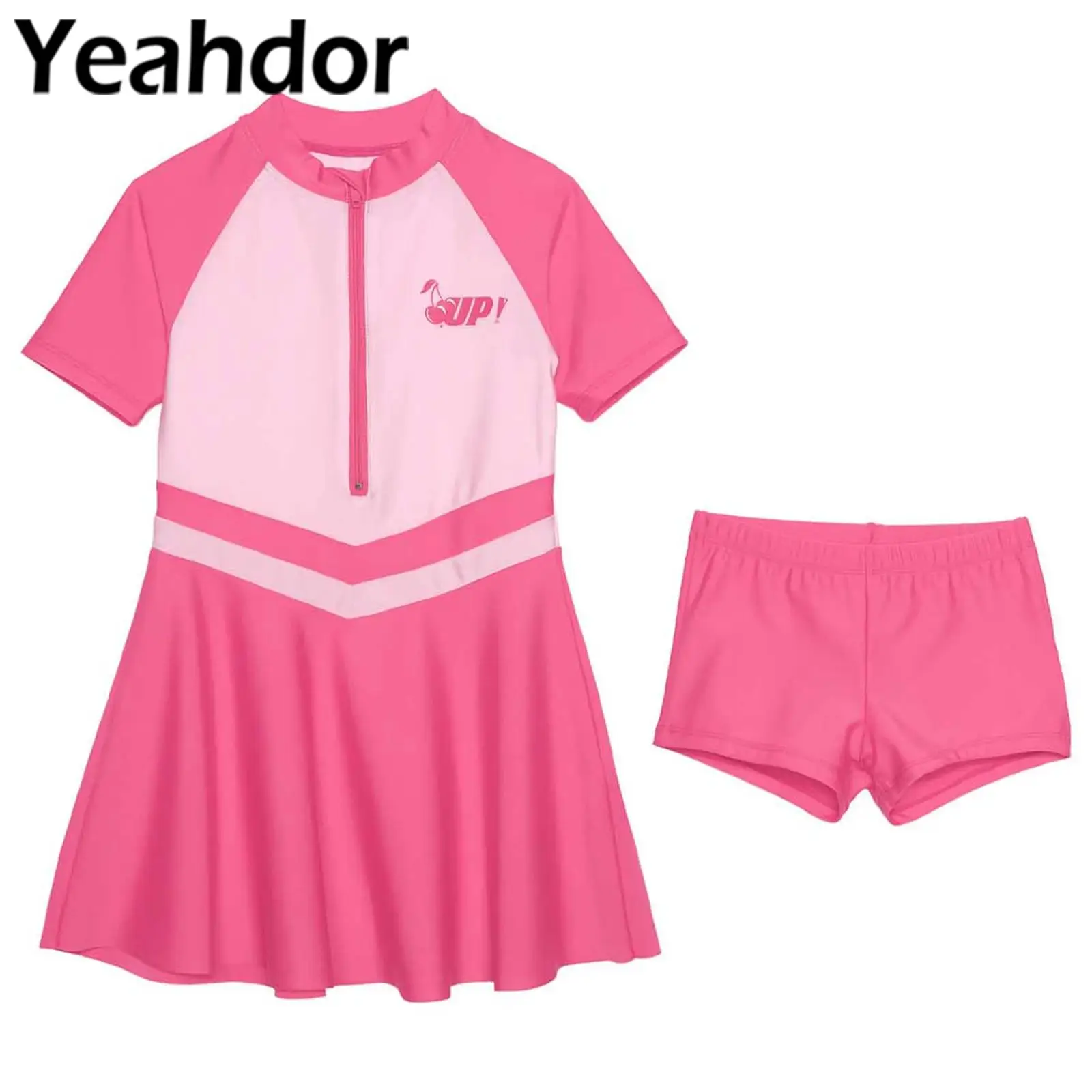 

Детский купальник из двух предметов для девочек, купальный костюм, пляжная одежда, платье контрастного цвета с короткими рукавами и шортами