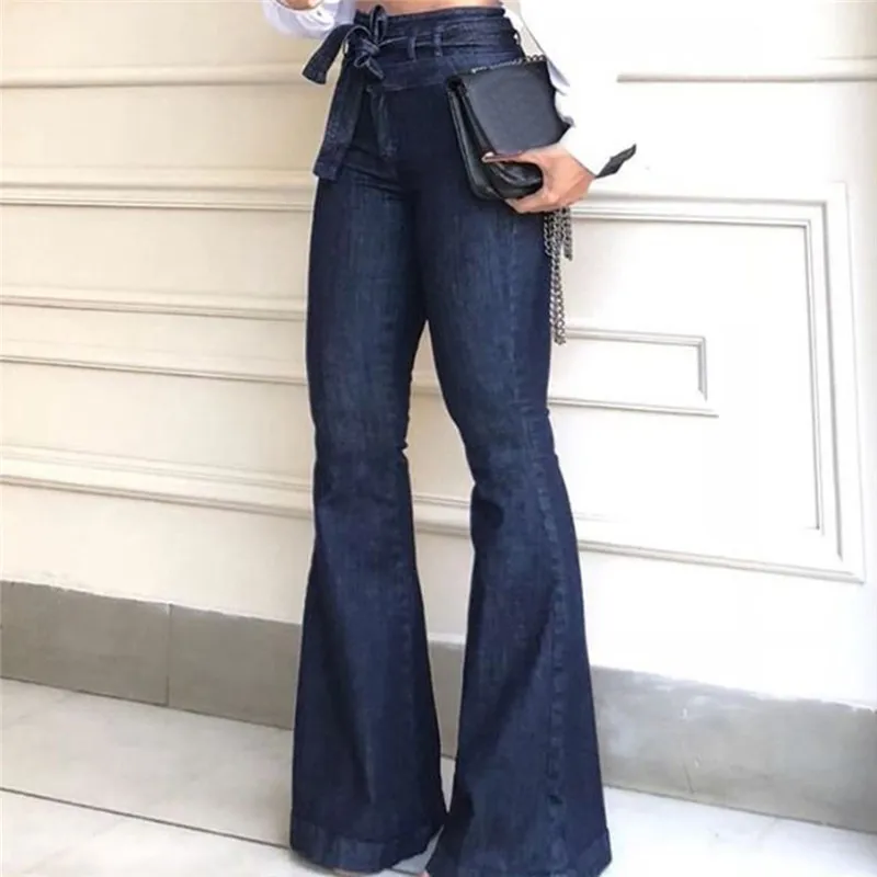 Belted Stretch SlimBelt High Waist Flared Jeans Women's Elastic Waisand PullUp Denim Pants Street Sle Asymmetric Long Tro...
