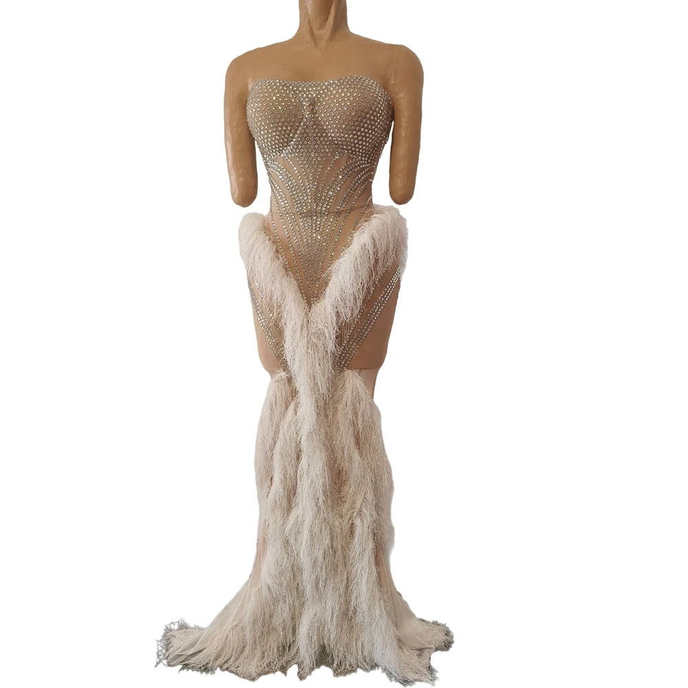 Sparkly Rhinestones Tassels Tube Birthday Celebrate Evening Prom Long Dress Women Sexy Transparent Photo Shoot Dress Show Wear