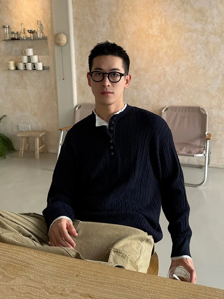 

Мужской свитер в американском ретро-стиле из твила, свободный повседневный верхний слой, воротник хенли, на одной пуговице, из мягкого полиэфирного волокна, с длинными рукавами