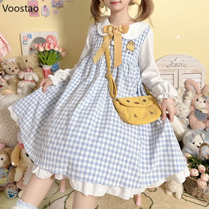 Robe de princesse Lolita à carreaux doux bleu pour femmes, nœud mignon Kawaii, broderie de dessin animé, mini robes de soirée, robe dégradée vintage pour étudiants