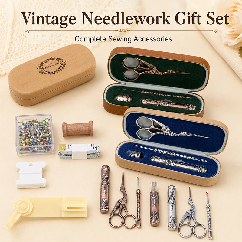 Craft Embellishment Storage - Vintage sewing tool set with wooden