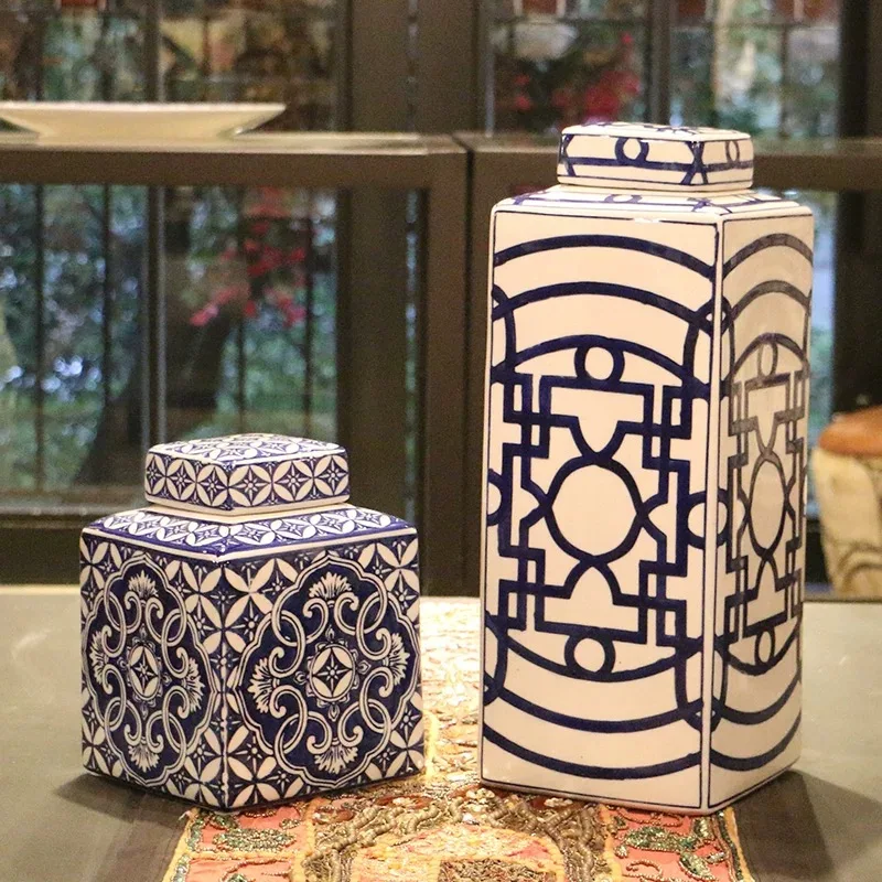 Chinese Style Ceramic Jar Blue and White Porcelain Square Storage Retro with Cover Flower Vase Organization Home Decoration