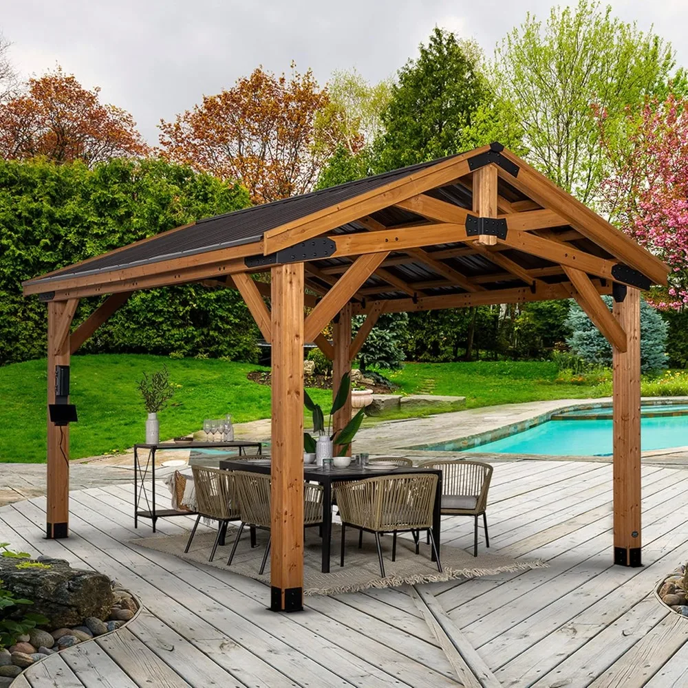 14' x 12' Cedar Wood Outdoor Gazebo Pavilion with Hardtop Galvanized Steel Peak Roof, Snow Support, Shade for Garden