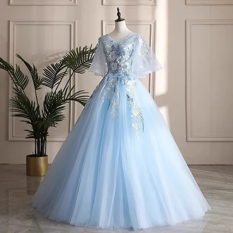 Women's Embroidered Colored Yarn Wedding Dress, Evening Dress, Fashion Banquet Show, Skinny Puff Dress, Performance Long Dress