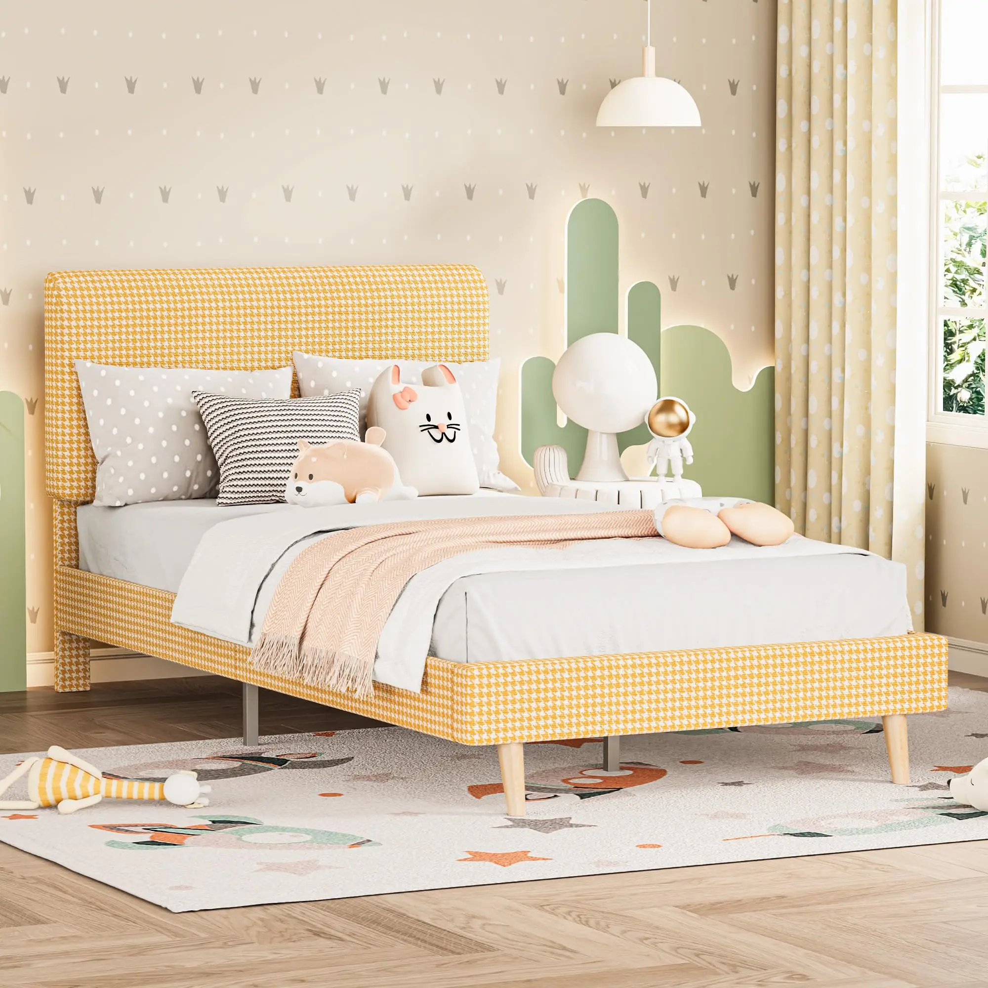 LIKIMIO Twin/Full/Queen Size Bed Frame with Headboard, Fully Cotton Upholstered Foundation, Wooden Slats Support