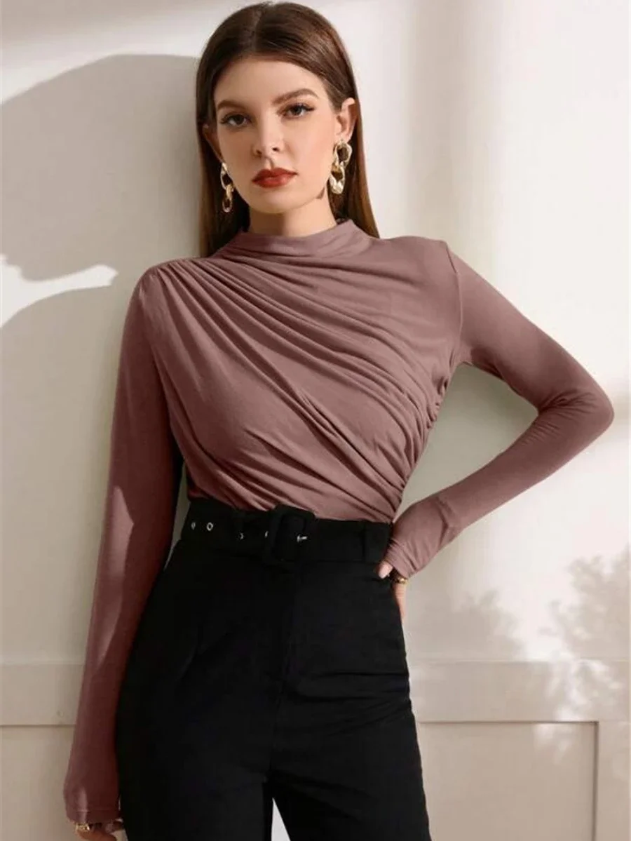 Bornladies Women\'s Fashion Pleated Long Sleeves Stylish Office Lady Slim Fit Solid Color T-shirt Autumn Winter Female Base Top