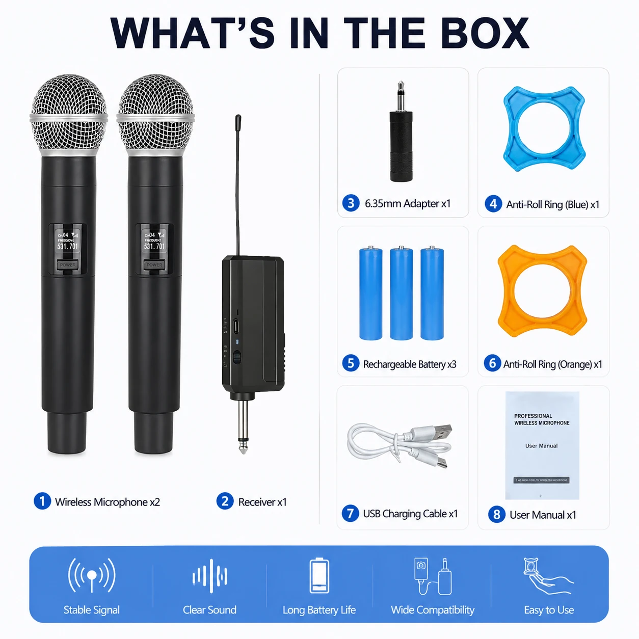 AY-58T2 Wireless Microphone 2.4G Rechargeable Handheld Dynamic Mic With Receiver Long Battery Life For Karaoke Speech Wedding