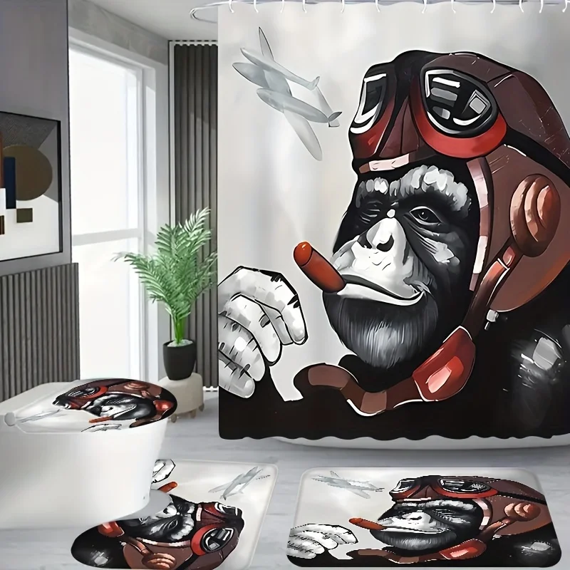 

4 шт. набор для ванной комнаты «Орангутанг» с авиационной тематикой — черно-белая занавеска для душа в самолете с 12 крючками, 1 крышкой для унитаза и U-образной формой