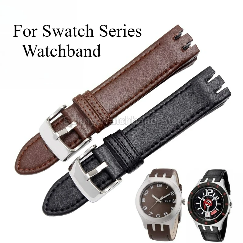 Arc-shaped Concave Convex Interface Watch Strap for Swatch YTS401/402403G Series Genuine Cow Leather Watch Bracelet 20mm