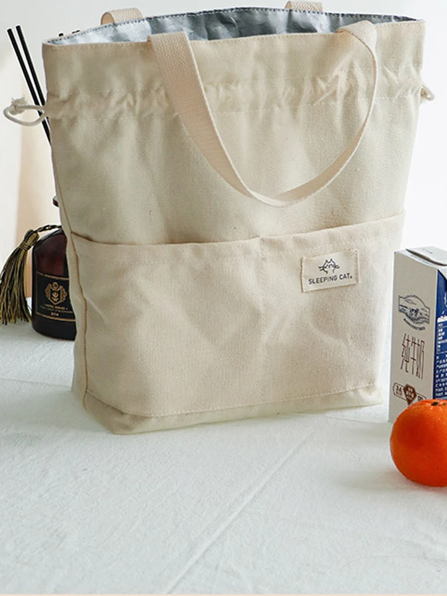 Isolierte Lunchtasche aus Segeltuch mit Kordelzug, verdickte Aluminiumfolie, Thermo-Bento-Box, Tragetasche, Kühler, Handtaschen für Büro, Picknick im Freien – Detail 16