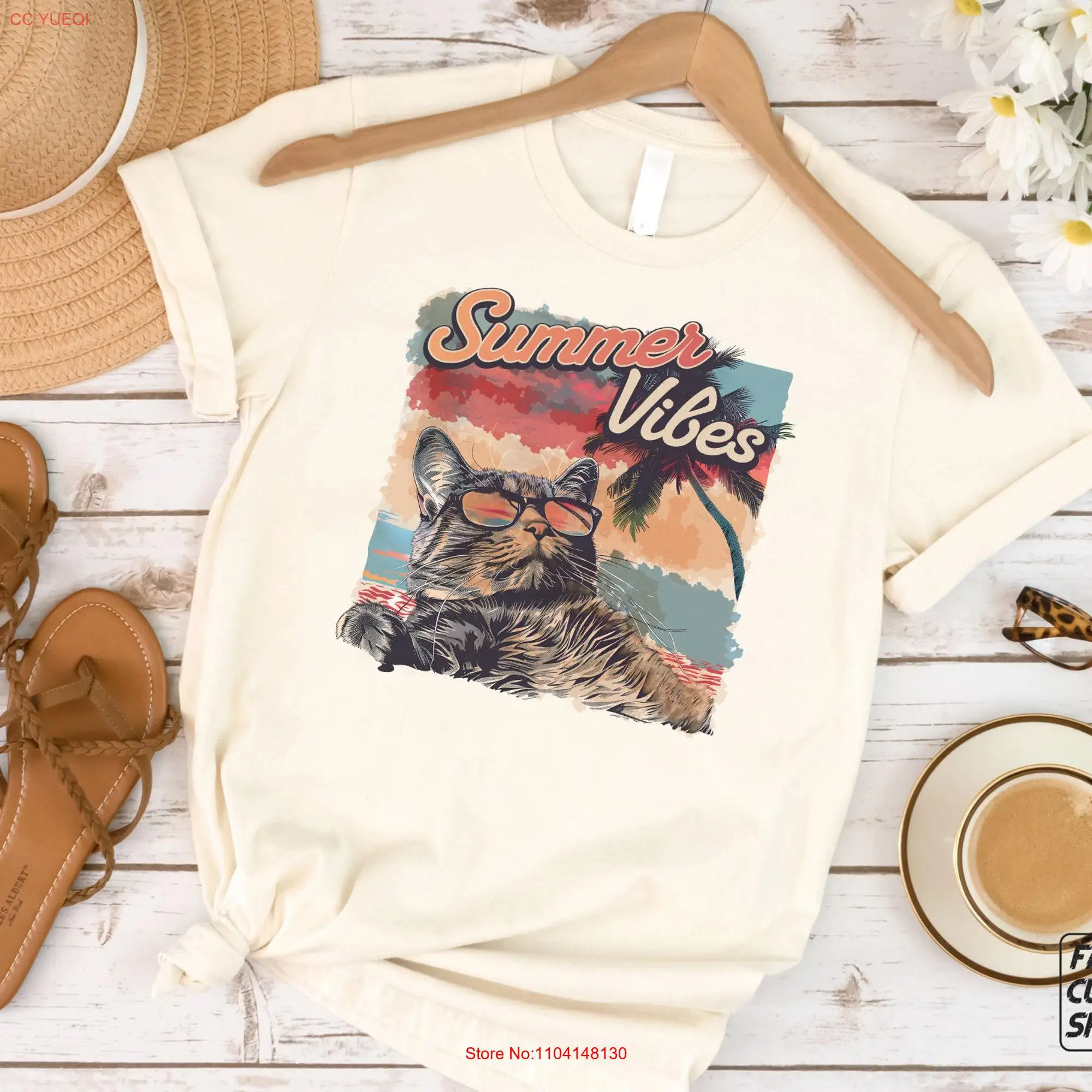 Vintage Cat T Shirt Women's Summer Clothing Sunbathing Cool Mom s Vacation E0056 long or short sleeves