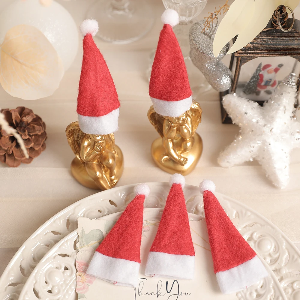 10/20/30Pcs Mini Santa Claus Hat Cup Bottle Set Home Room Decoration Tableware Knife And Fork Christmas Hat Decor DIY Crafts